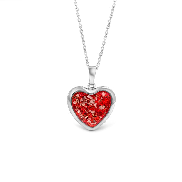 silver heart pendant with cremation ashes red