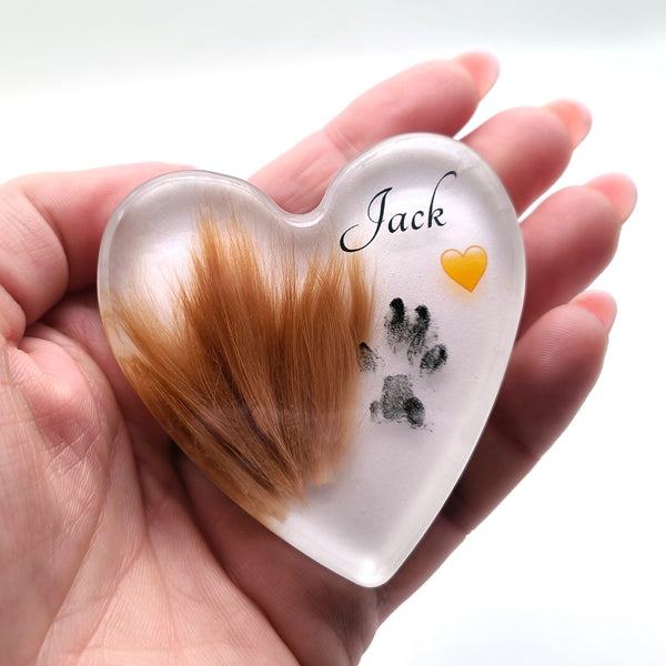 Resin Heart Paperweight with Hair, Actual Paw Print & Photo