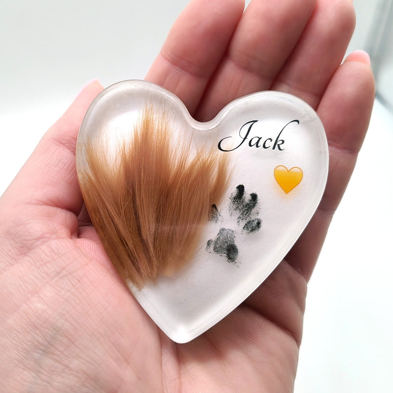Resin Heart Paperweight with Hair, Actual Paw Print & Photo