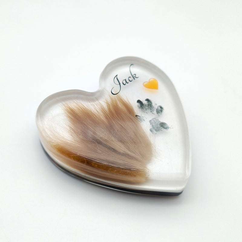 Resin Heart Paperweight with Hair, Actual Paw Print & Photo