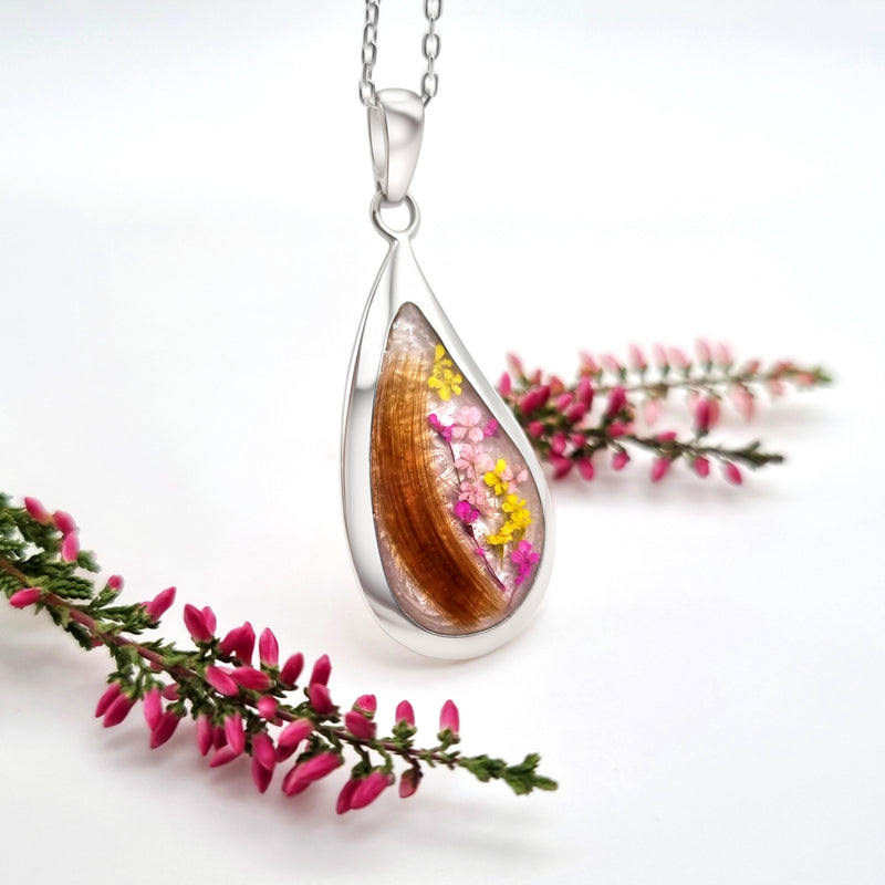 Sterling Silver Teardrop Pendant with Lock of Hair and Flowers