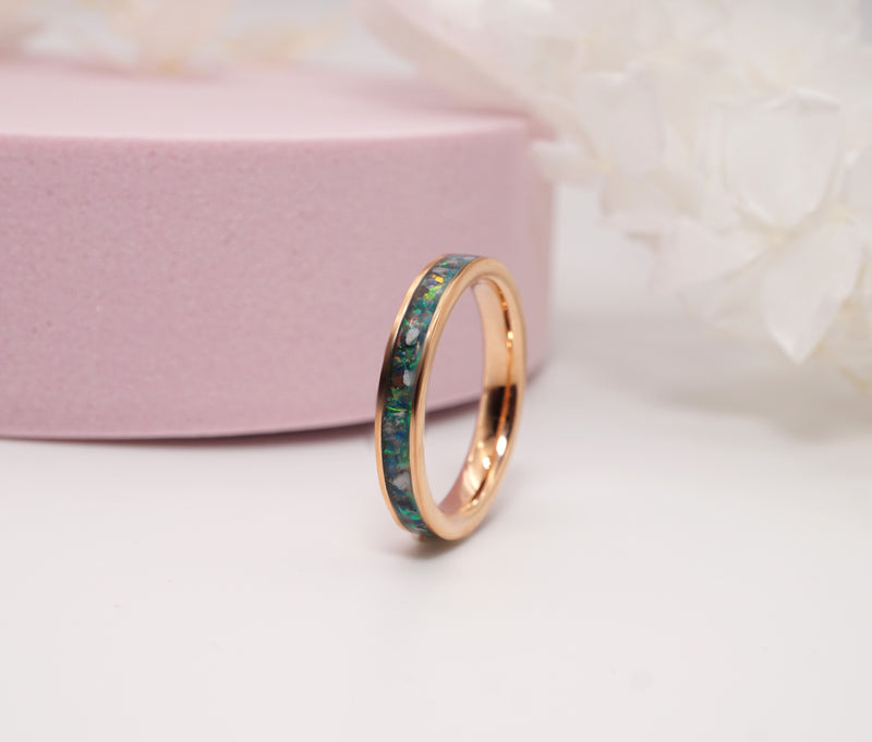 Gold Tungsten Inlay Ring with Ashes and Opal