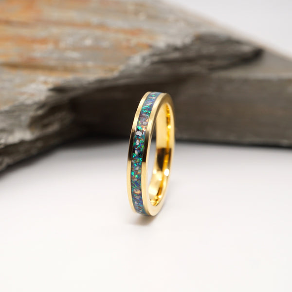 Gold Tungsten Inlay Ring with Ashes and Opal