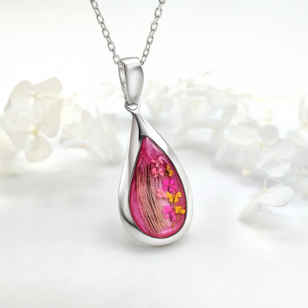 Sterling Silver Teardrop Pendant with Lock of Hair and Flowers