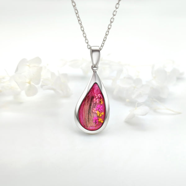 Sterling Silver Teardrop Pendant with Lock of Hair and Flowers