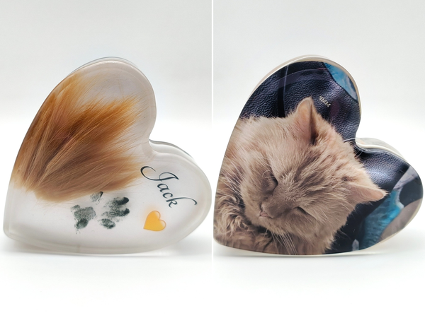 Resin Heart Paperweight with Hair, Actual Paw Print & Photo