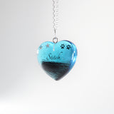 Blue Heart Shaped Pendant with Hair and Paw Prints