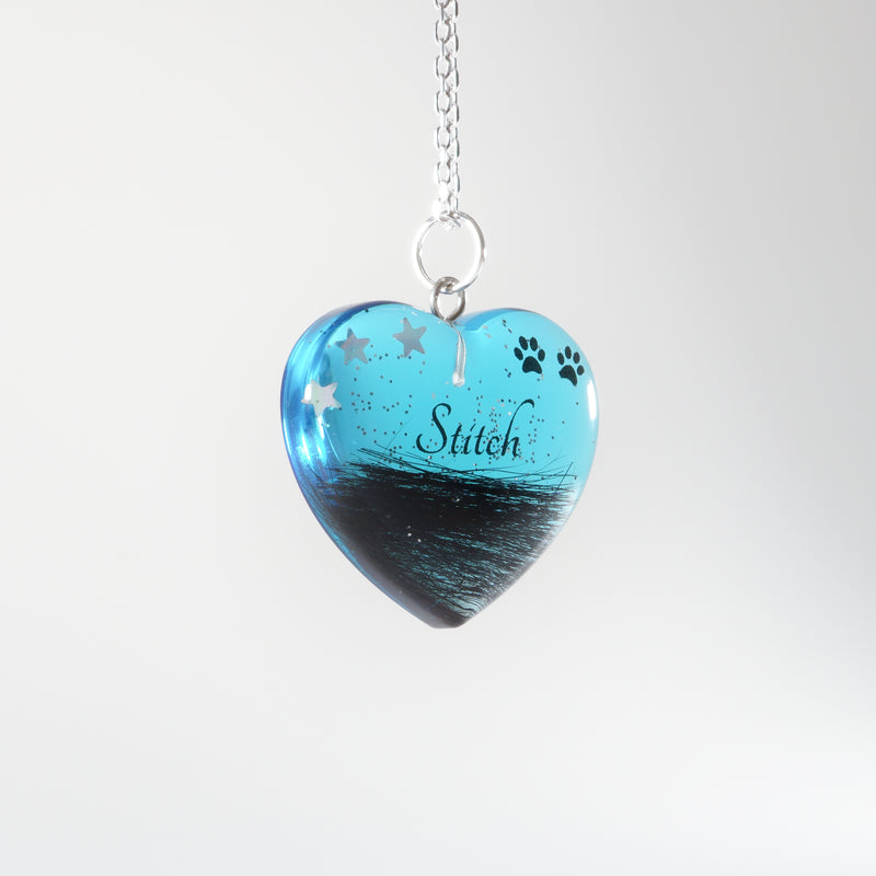 Blue Heart Shaped Pendant with Hair and Paw Prints