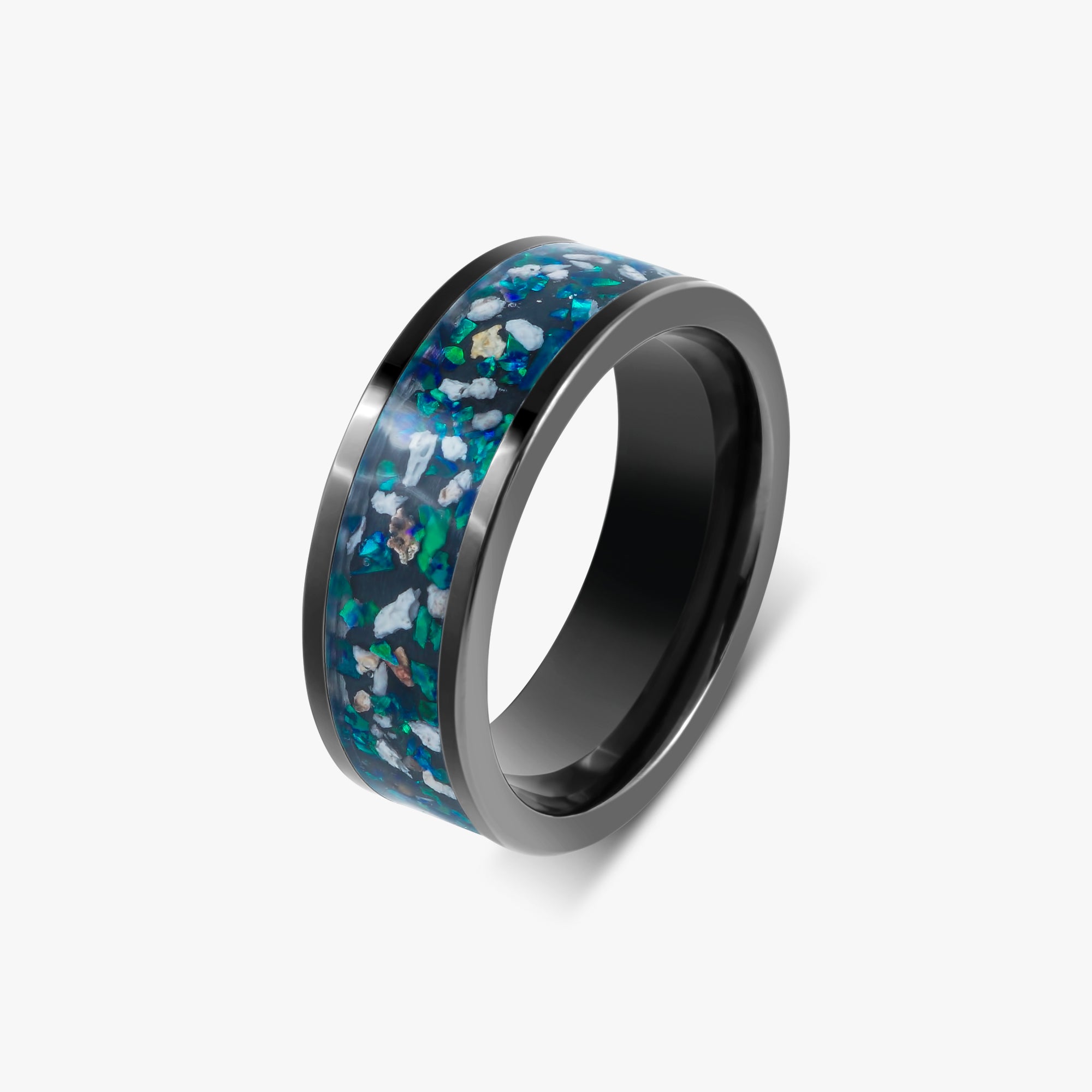 Black Ceramic Inlay Ring with Ashes and Opal | Cosmic Lens Jewellery ...